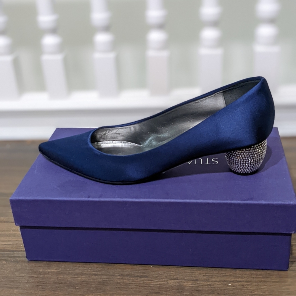 Stuart weitzman Poco midnight satin mid heels 8